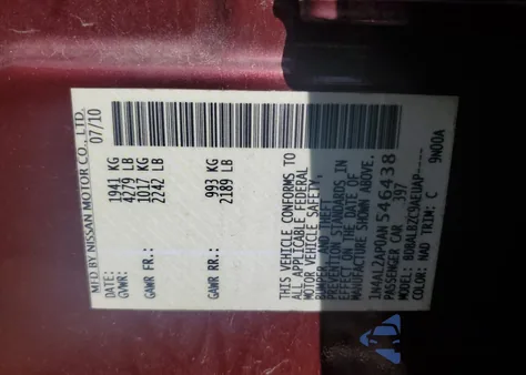 2010 Nissan Altima Base из США, поврежденный, VIN 1N4AL2AP0AN546438